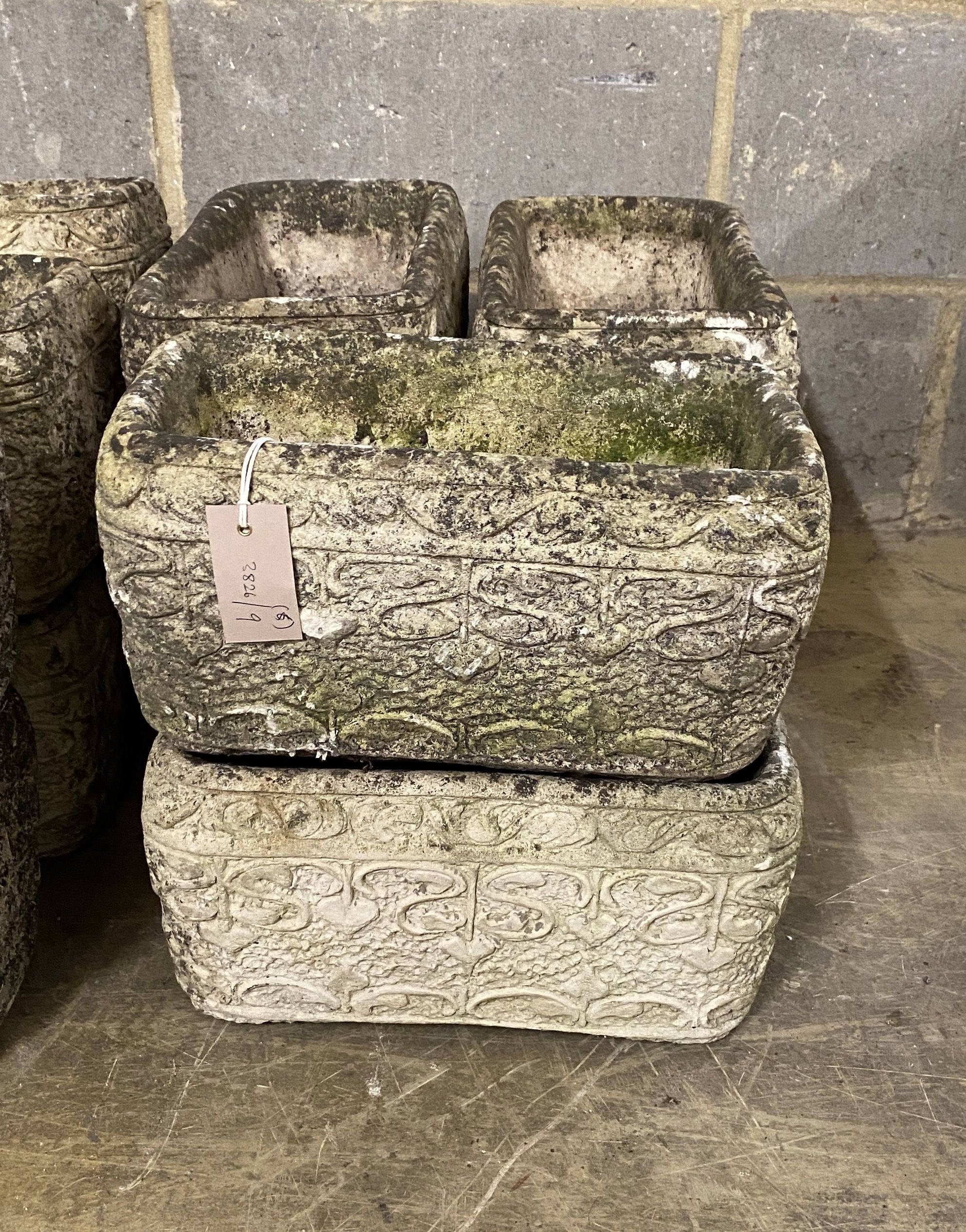 Six rectangular reconstituted stone garden planters, width 34cm, depth 18cm, height 18cm